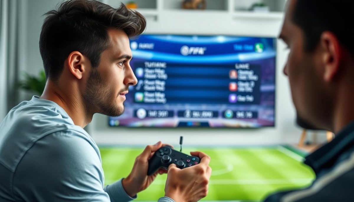 Начинающий игрок изучает меню EA FIFA на консоли Начинающий игрок изучает меню EA FIFA на консоли
