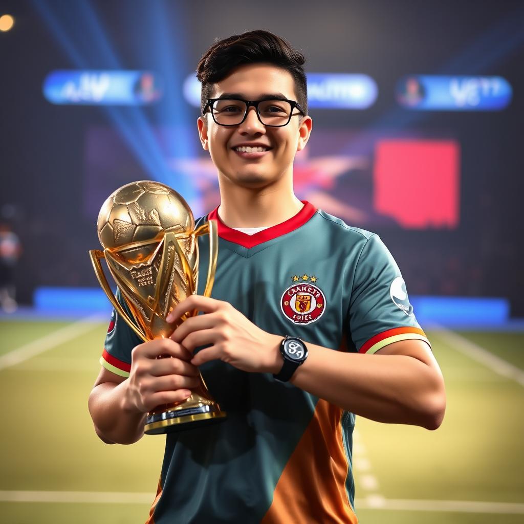 Профессиональный киберфутболист Msdossary с трофеем чемпиона мира по EA FIFA Профессиональный киберфутболист Msdossary с трофеем чемпиона мира по EA FIFA